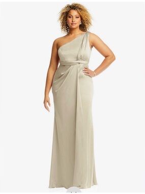Dessy Collection One-Shoulder Satin Gown in Champagne Beige